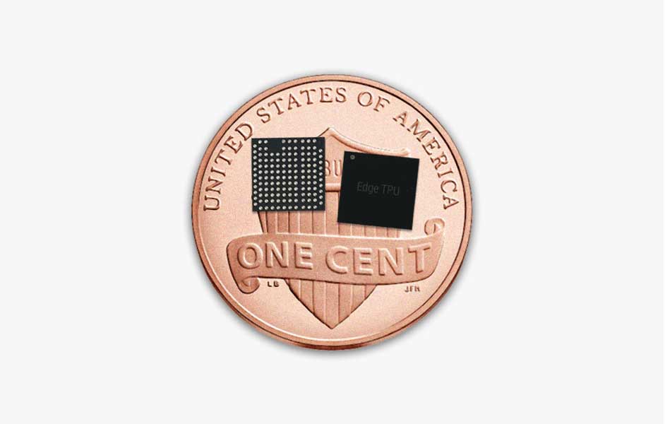 Figure 15) Two Edge TPU chips on the head of a US penny (source)